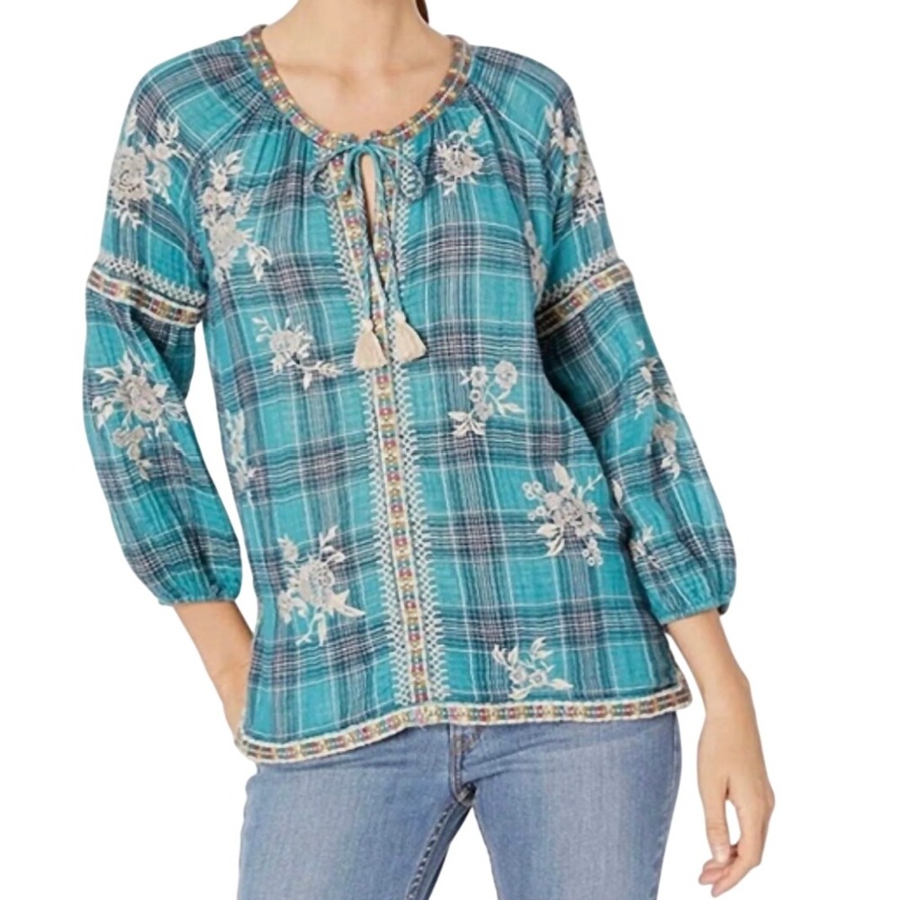 Johnny Was Workshop Sophia Peasant Blouse Teal Plaid Embroidered Boho Fall S NWT